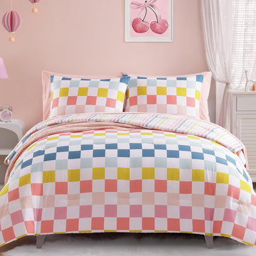 Full Comforter Set for Girls-7 Pieces Colorful Checkered Full Bedding Sets for Kids, Soft Bed in A Bag with Striped