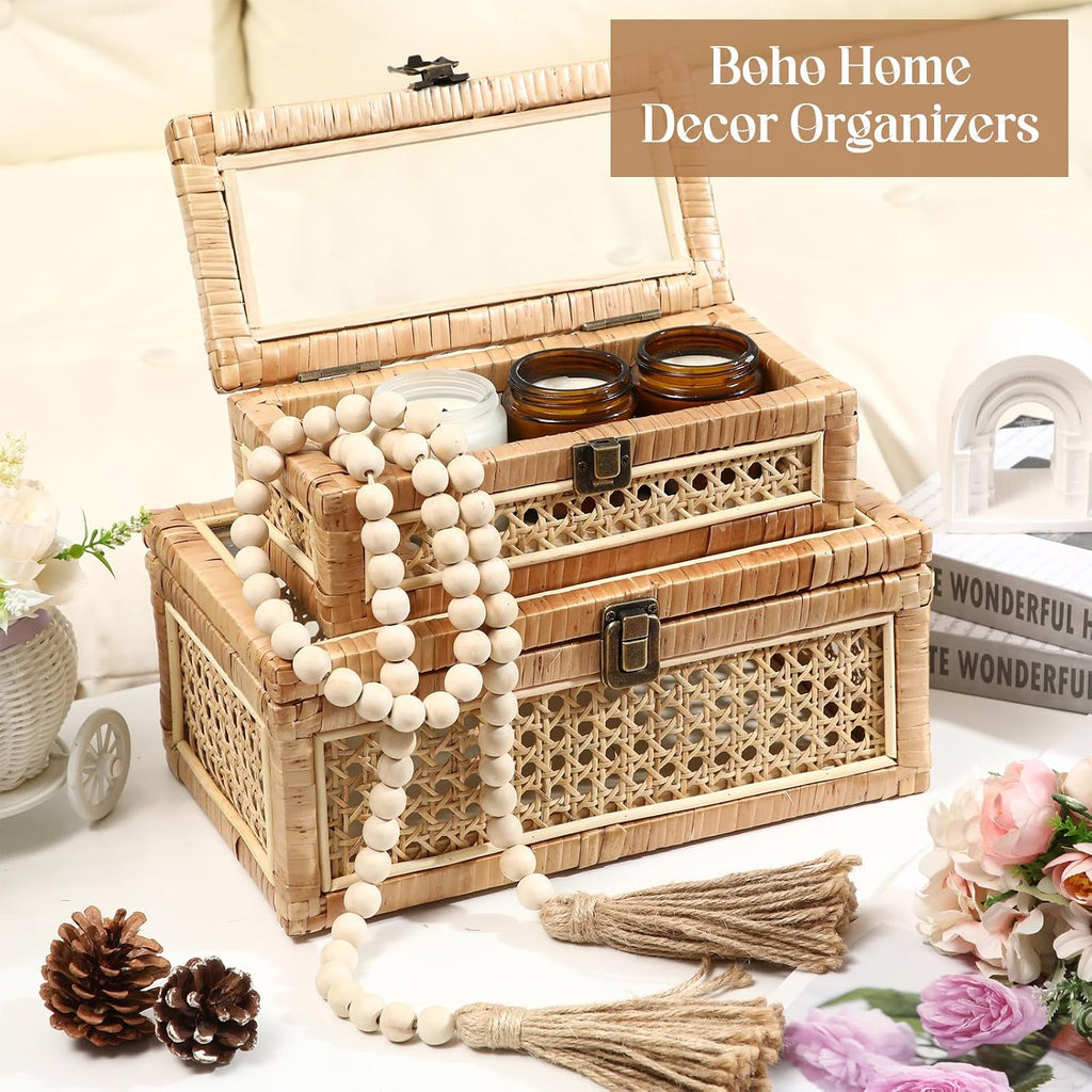 Boho Rattan Decorative Box with Glass Lid - Set of 2