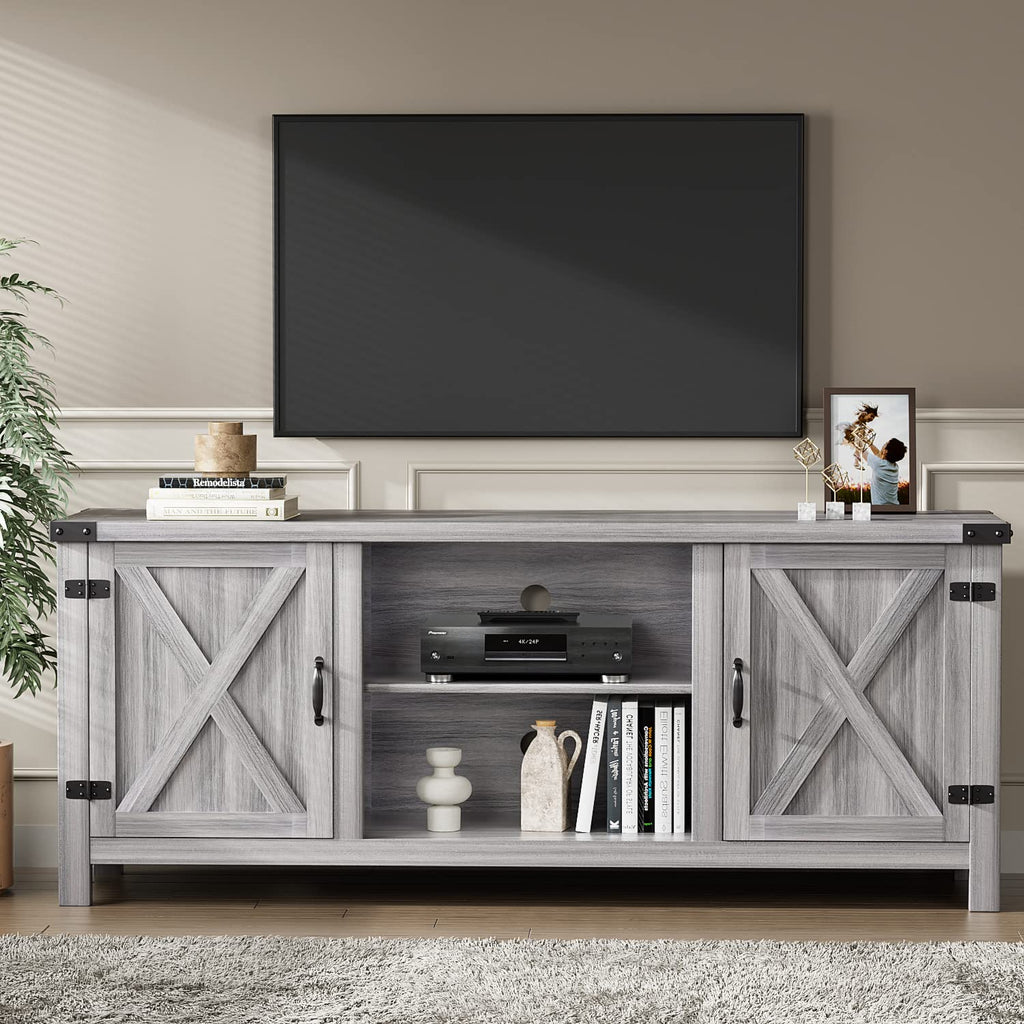 Modern Farmhouse TV Stand with Barn Door for 65 Inch TV, Gray Wash