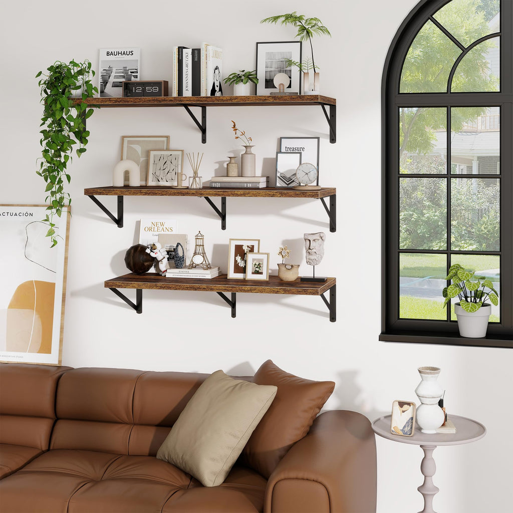 12" Deep Wall Shelves with Metal Brackets, 30" Wide, Rustic Brown, 2pcs