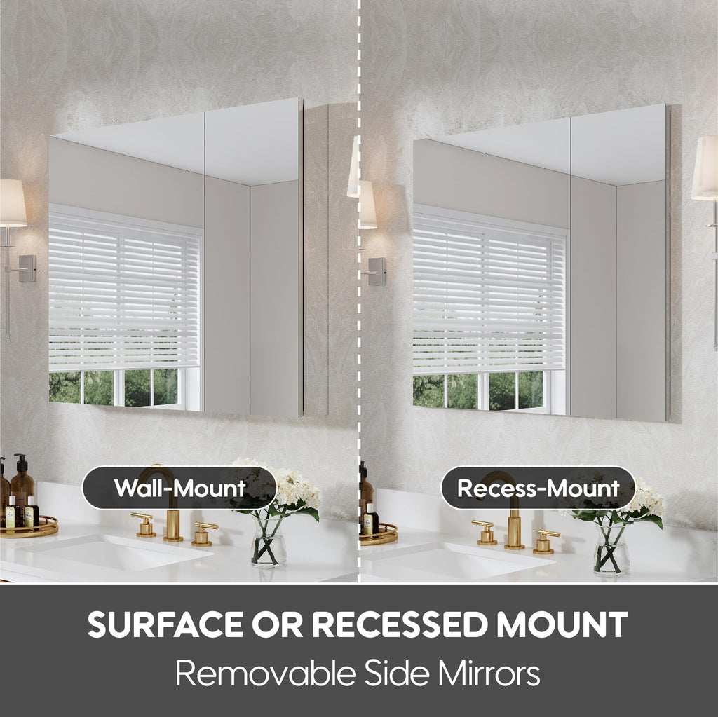 36" x 30" Rectangle Medicine Cabinet Mirror, Surface Mount or Recessed Medicine Cabinet with Tempered Mirror