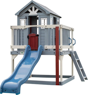 Beacon Heights Elevated Cedar Wooden Kids Playhouse with Wave Slide, Play Kitchen, Wrap-Around Deck, Flat-Step