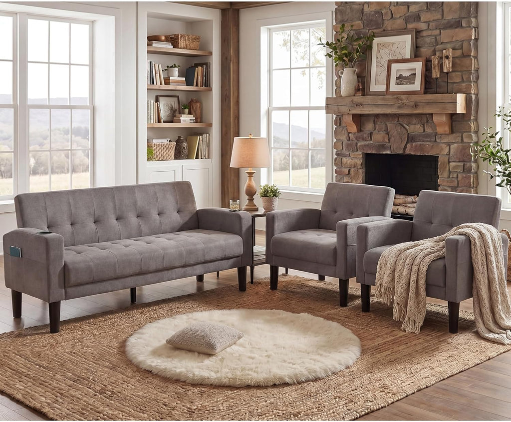 Light Grey Couch and Chairs Set, 3 Piece Living Room Furniture Set with USB & Type-C Ports, Fabric Loveseat Sofa and