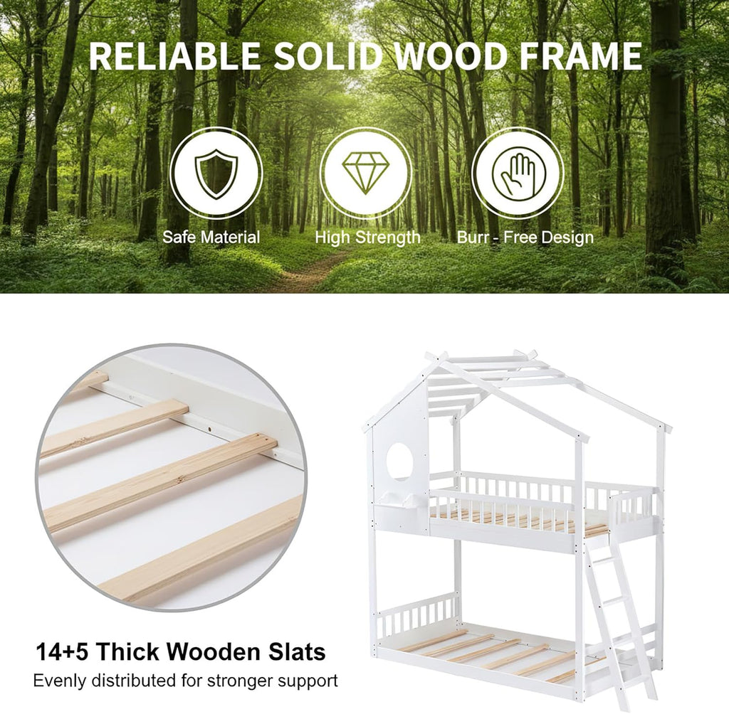 Wood Twin Over Twin House Bunk Bed, Loft Bed with Ladder, Safety Guardrail, Wooden Slats & Window