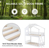Wood Twin Over Twin House Bunk Bed, Loft Bed with Ladder, Safety Guardrail, Wooden Slats & Window