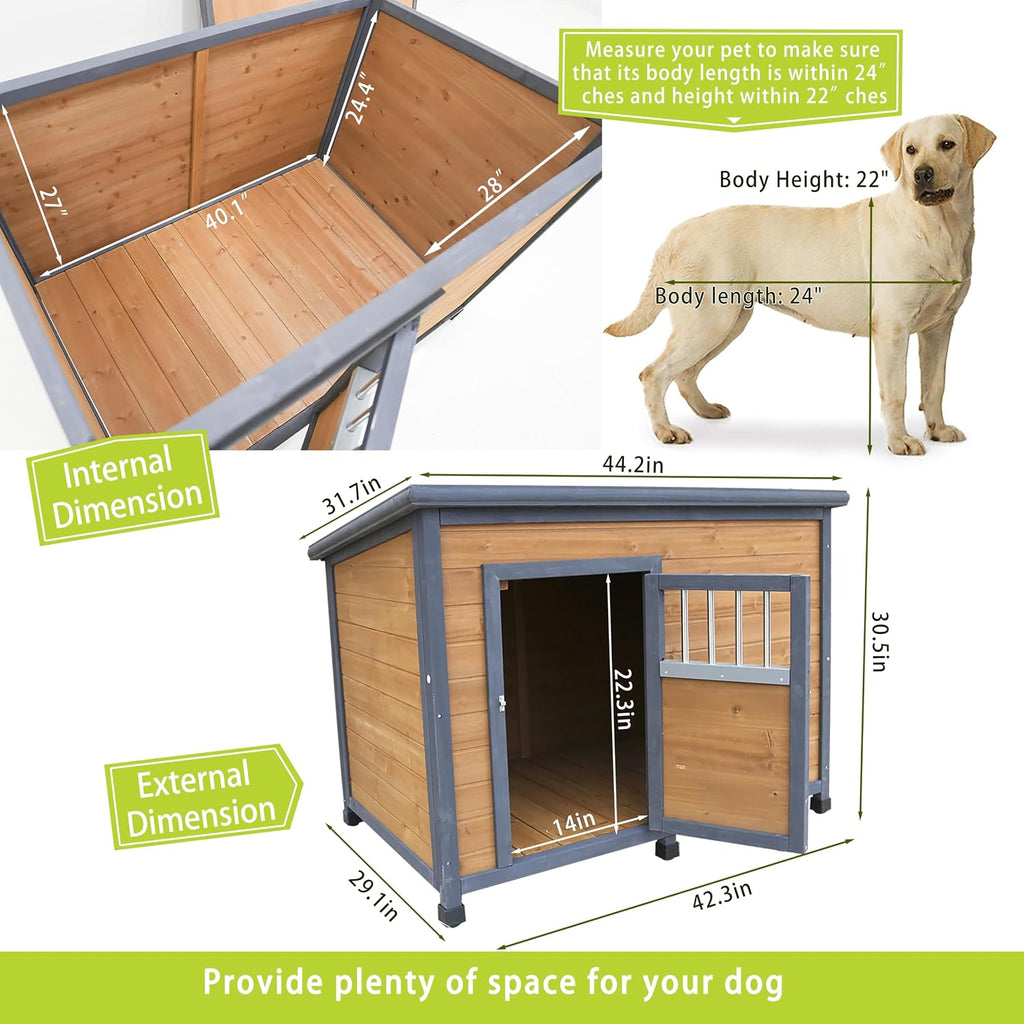 45" Large Wooden Dog House for Large Dogs, Outdoor Weatherproof Dog Kennel with PVC Roof, Lockable Breathable Wooden