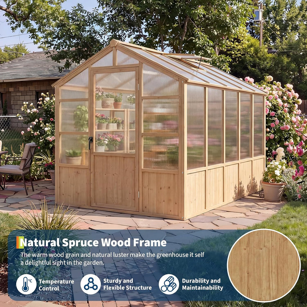 Large Wood Frame Greenhouse for Outdoor - Wooden Walk-in Greenhouse Kit with Polycarbonate Panels, Ventilated Window