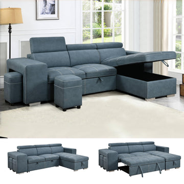 102'' Microfiber L Shaped Sectional Sleeper Sofa Couch with Pullout Bed and Storage Chaise, Convertible Couches with