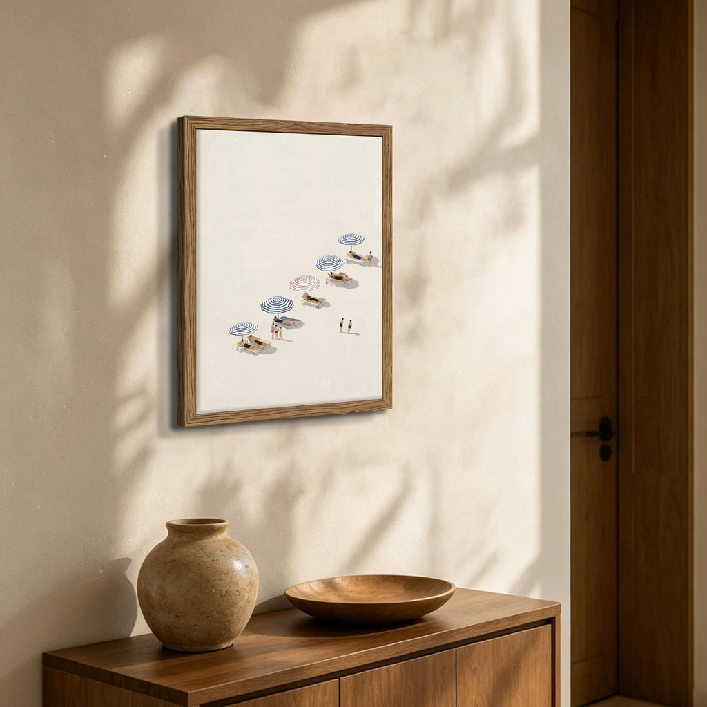 Minimalist Beach Wall Art - Framed Canvas Coastal Umbrella Poster Decor, Modern Summer Seaside Painting in Wood