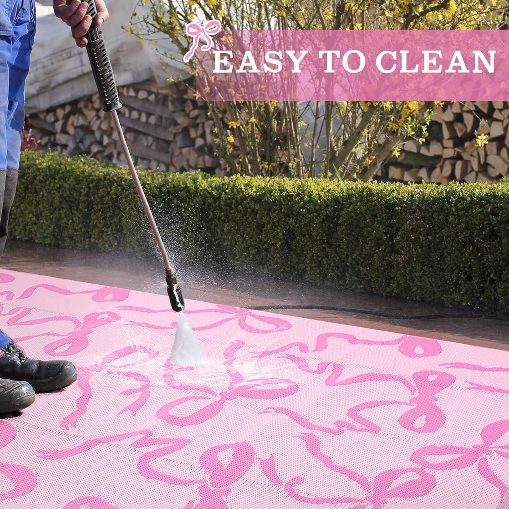 Pink Bow Outdoor Rug 5 x 8 ft Waterproof Plastic Straw Rugs