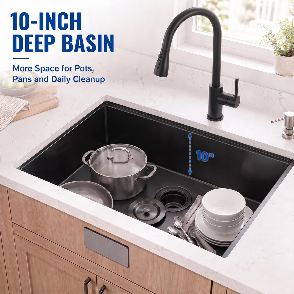 Black Undermount, 32 Inch Undermount Kitchen Workstation Sink with X-Shaped Drain Line, 10 Inch Deep Single Bowl