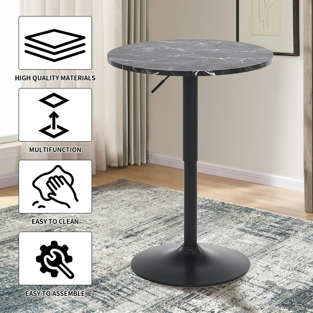 23.6" Round Bar Table, Adjustable Height Bar Table, MDF Top with Metal Pole Support and Base, Cocktail Tables, Bistro