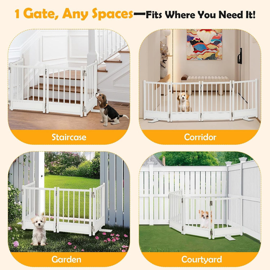 Freestanding Short Dog Gate, 16" Pet Gate Indoor with Support Feet Easily Step Over, 4 Panel Metal Wood Foldable Pet
