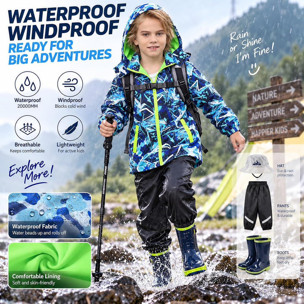 Kids Rain Jacket Waterproof Windbreaker Zipper Coat for Boys Girls