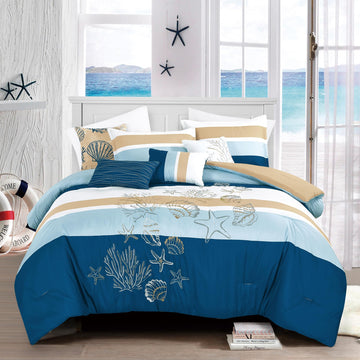 Blue and Navy Comforter Set - Coastal Beach Seashell and Starfish Embroidery Color Block Striped Bedding Set