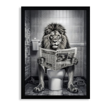 Framed Lion Bathroom Wall Art, Funny Lion Reading Newspaper on Toilet Bathroom Artwork, Black and White Animal Canvas