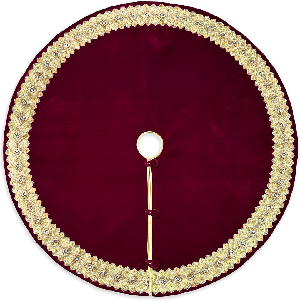 72-Inch Venetian Gilded Velvet Christmas Tree Skirt with Gold Embellished Border, Foam-Padded, Button Closure