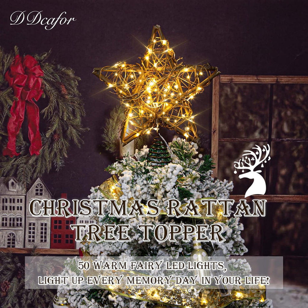 Rattan Natural Star Christmas Tree Topper - Rustic Farmhouse Xmas Treetop with 50 Warm LED Lights Christmas Tree