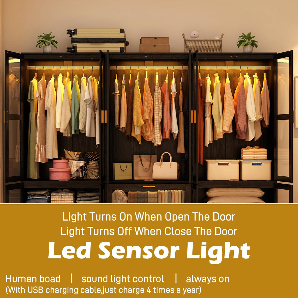 6 Doors Armoire Wardrobe Closet with LED and Mirror, 71" H Freestanding Wooden Wardrobe Closet Cabinet w 2