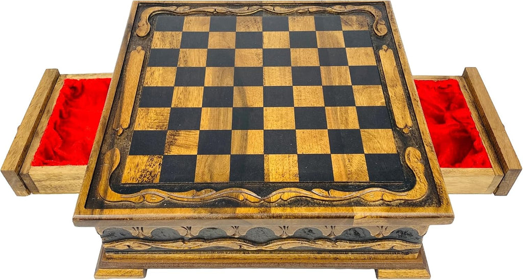 Handcrafted Roman Empire Themed Chess Set with Storage Drawer- 14 inch Customizable Wooden Chessboard- Cast Metal