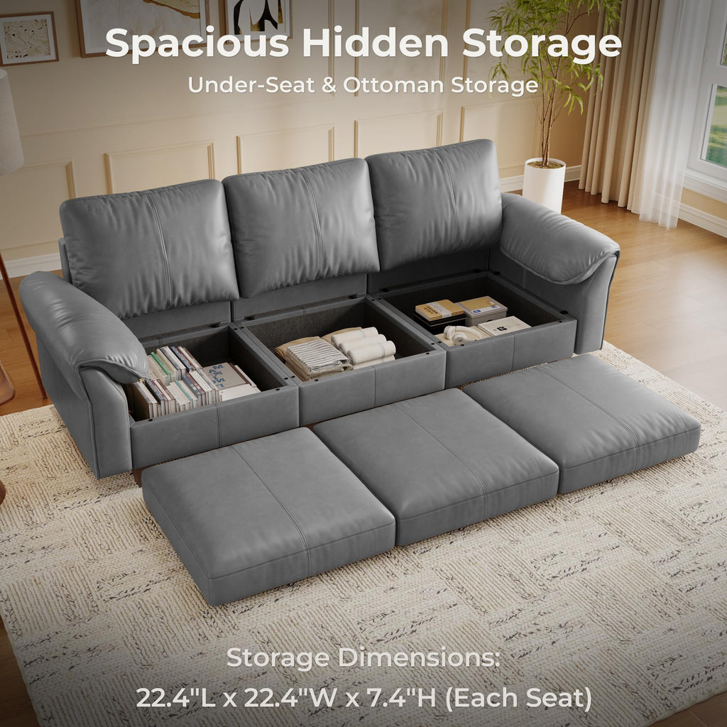 Faux Leather Sectional Couch, 3 Seater Sofa, Gray