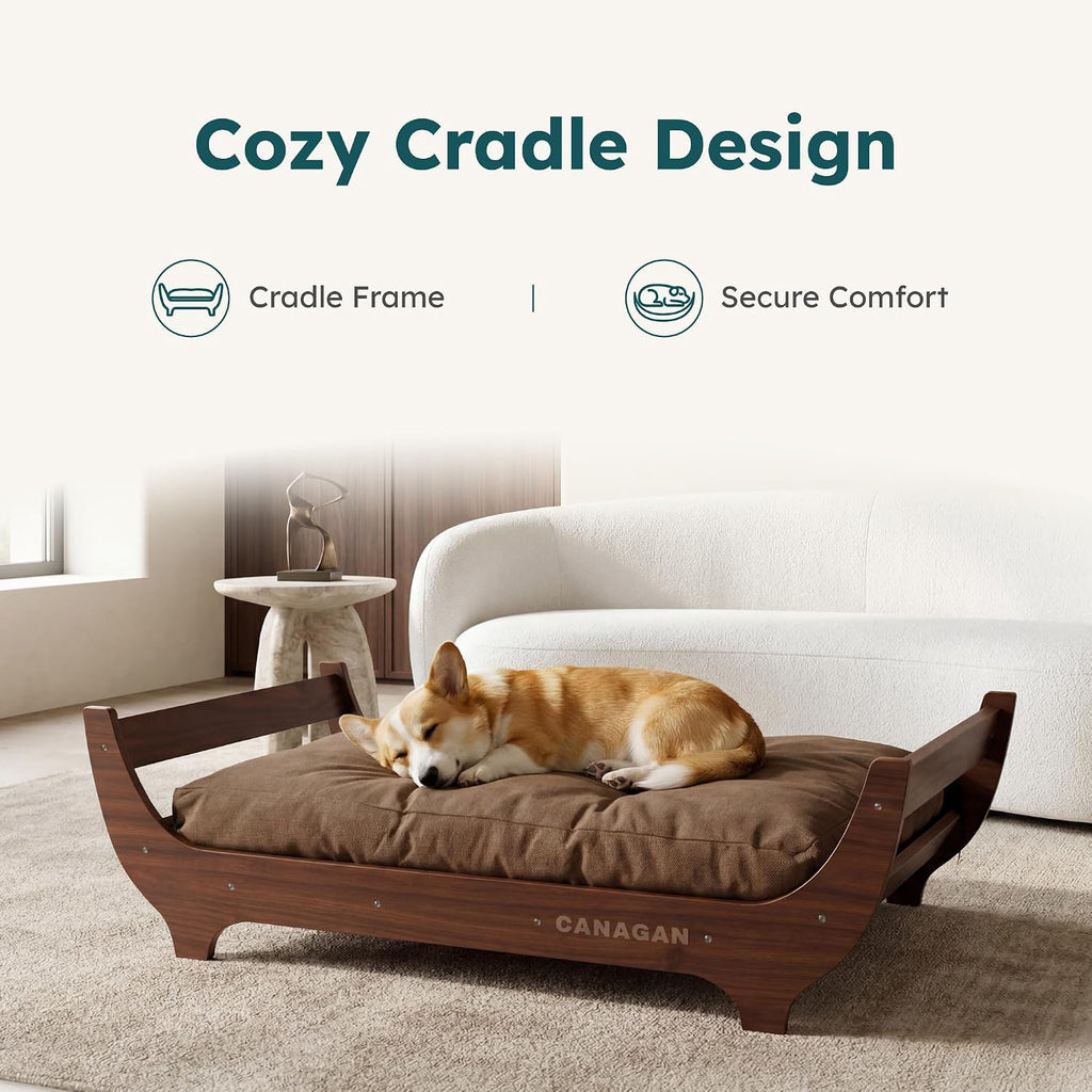 Elevated Wood Dog Bed Frame with Cushion, WalnutPattern, Large