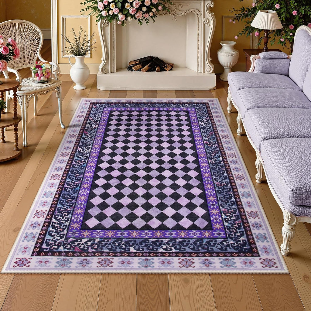 Washable Checkered Area Rugs, Non Slip Purple Trellis Living Room Rug, Low Pile Soft Funky Checked Throw Carpet