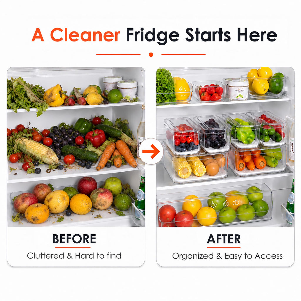 6 Pack Clear Fridge Organizer Bins with Drain Trays - Stackable