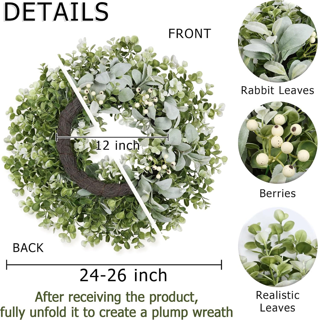 26 Inch Large Lambs Ear Wreaths for Front Door Spring Summer Lambs Leaves with White Berries, Artificial Greenery