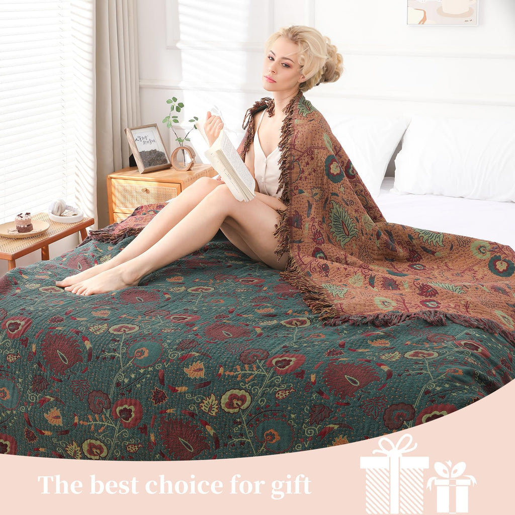 Boho Throw Blanket for Couch Bed, 100% Cotton Soft Rustic Quilt