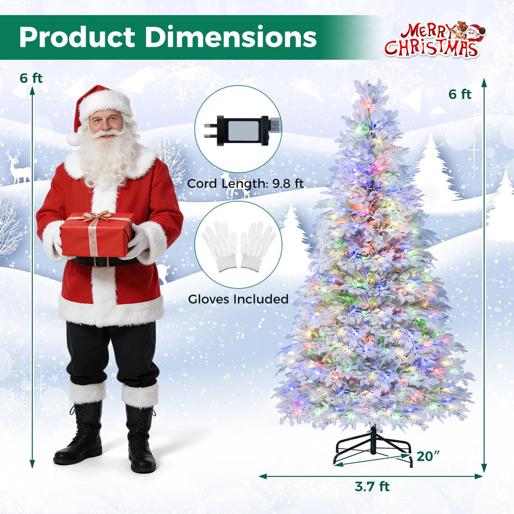 6 FT Artificial Christmas Tree, Hinged, Pre-Lit & Snow-Flocked