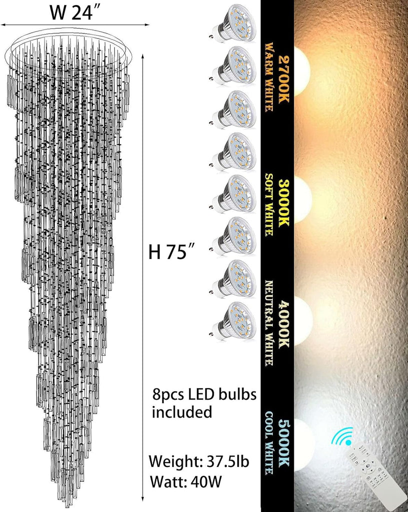 75" H Crystals Chandeliers for High Ceiling Room Light Modern Crystals Chandeliers Living Room Decor Light Fixture Crystal Chandelier Staircase Storey Foyer Chandeliers LED Blubs Included A100-B091388CY1