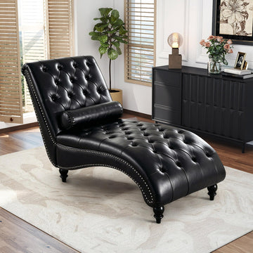 Faux Leather Chaise Lounge Indoor with Toss Pillow, Modern Chaise Lounge Chair, Upholstered PU Armless Ergonomic