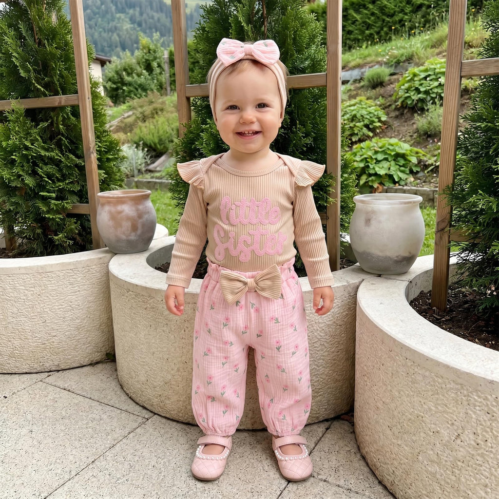 Infant Baby Girl Fall Clothes Ribbed Long Sleeve Letter Romper + Floral Pants + Headband Newborn 3 6 12 Outfit