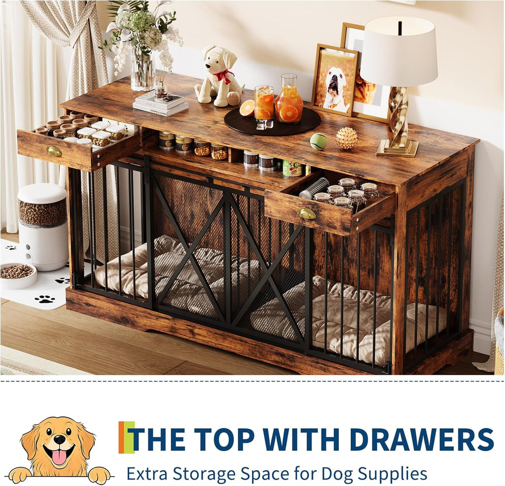 Dog Crate Furniture TV Stand, 63 Inch Double Kennel with Divider & Drawers