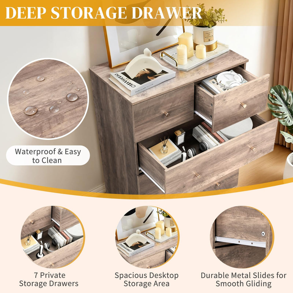 Grey 7 Drawer Tall, Rustic Wood Bedroom Dressers