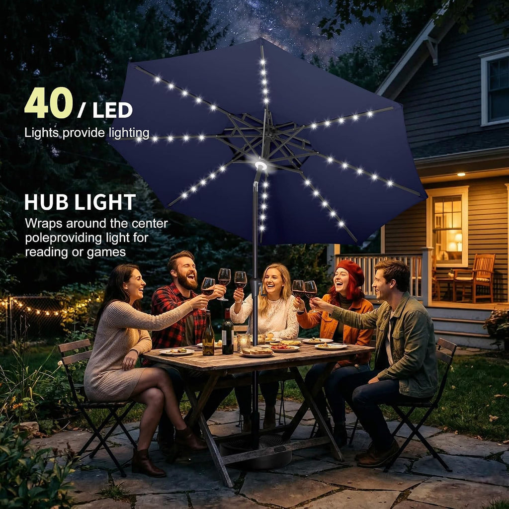 9ft Solar Umbrella Outdoor - 2 Tiers Lighted Solar Patio Umbrella with 40 LED Lights Waterproof UV Protection