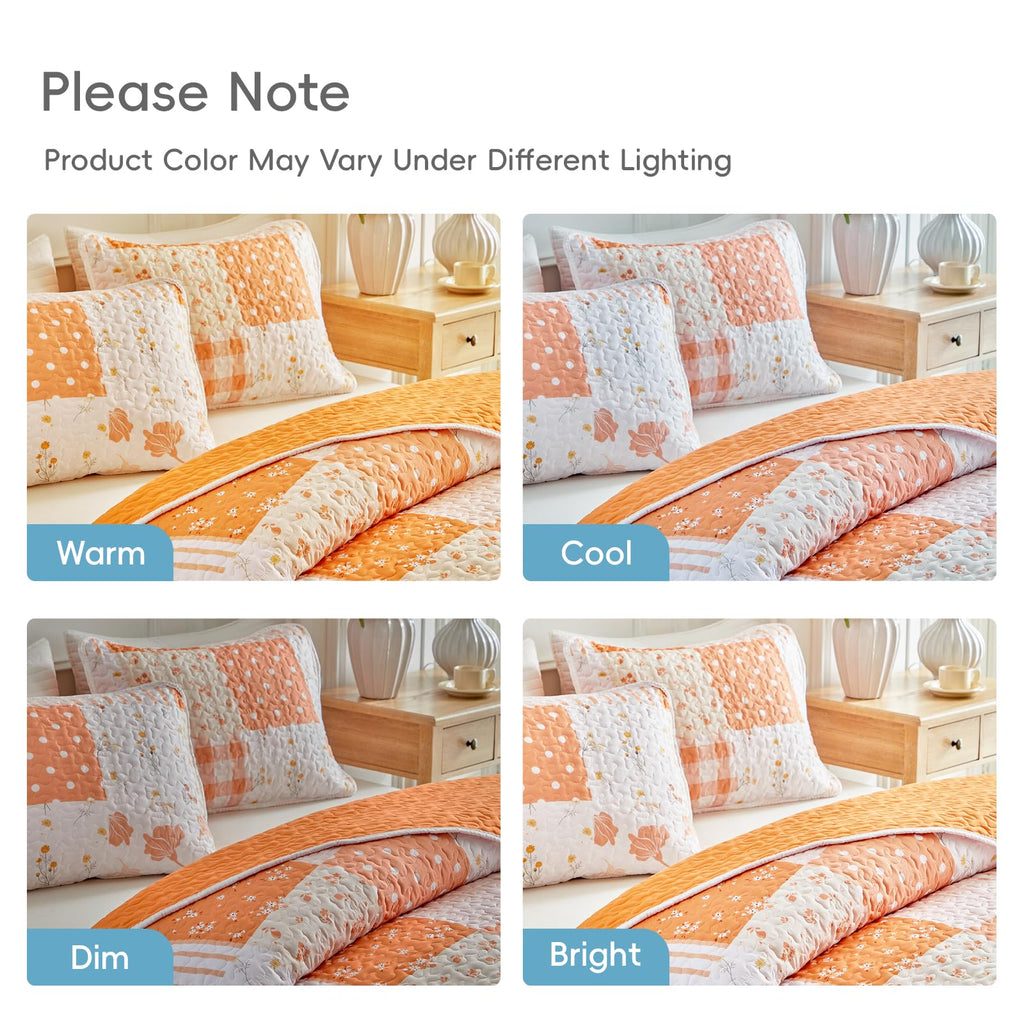 Floral Patchwork Quilt Set, 3 Pieces Orange Flower Plaid Bedspread Coverlet Set, Lightweight Soft