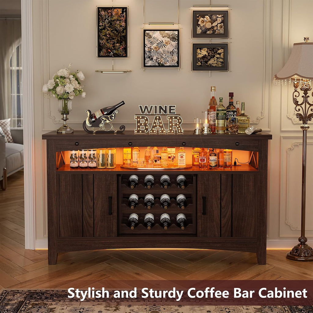 Farmhouse Coffee Bar Cabinet, Liquor Cabinet Bar , Wine Bar Cabinet with LED Lights and Outlets,Wine Cabinet with