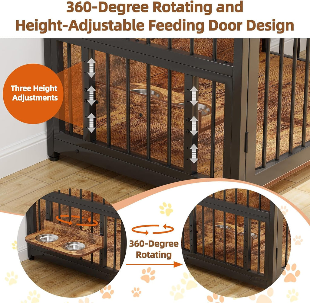 48 Inch Heavy Duty Dog Crate Furniture for Large and Medium Dogs - Metal & Wooden Kennel with 2 Storage Drawers, 360°