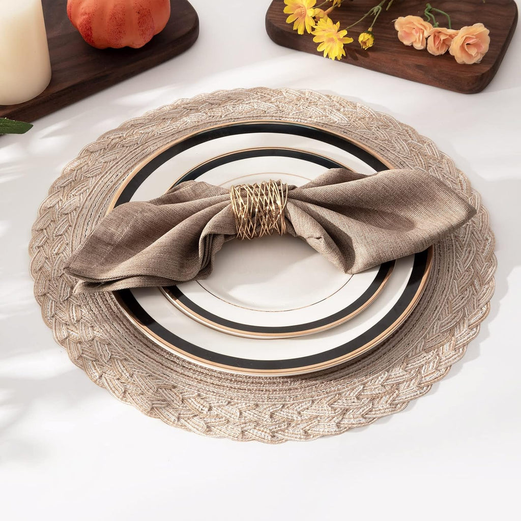 15 inch Round Placemats Boho Woven Braided Border Table Mats Washable Heat Resistant Circle Place Mats - Set of 6