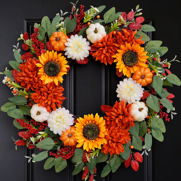 24in Fall Harvest Wreaths for Front Door, Natural Rattan Farmhouse Thanksgiving Wreath with Flowers & White Pumpkins.