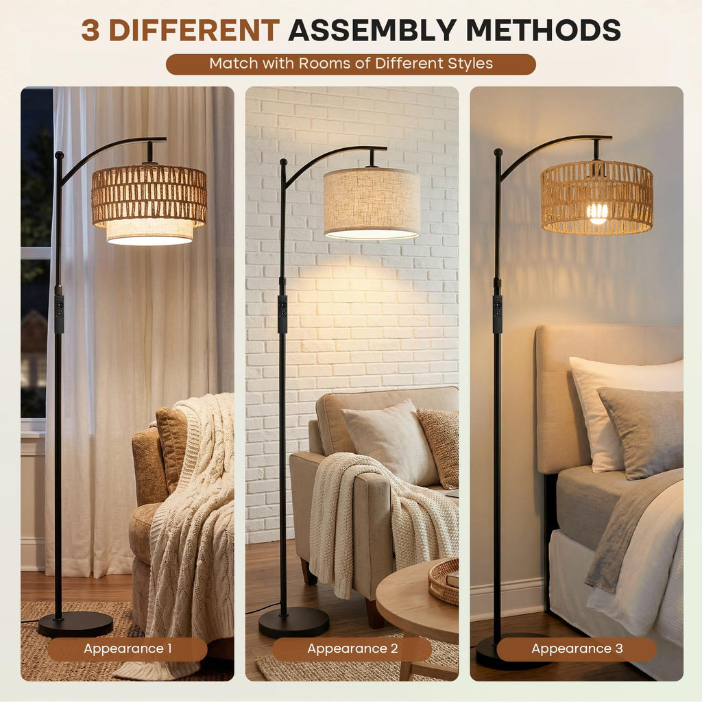 Arc Floor Lamp with Remote, 57.5"-67" Height Adjust Dimmable Bulb Floor Lamps with 3 Color Temps, Boho Standing Lamp