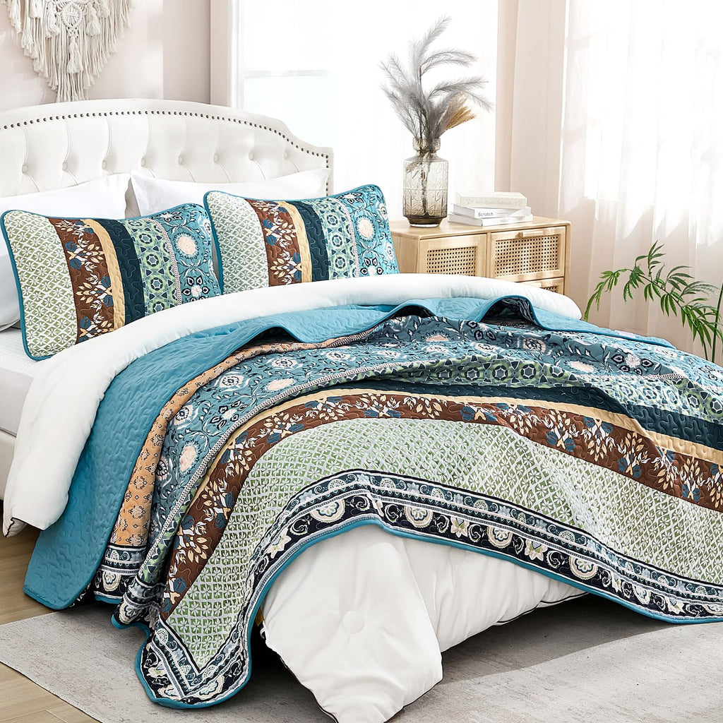 Blue Boho Quilt Set, Fall Patchwork Bedspreads