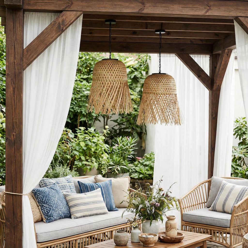 Solar Chandelier Outdoor, Bamboo Handmade Rattan Pendant Light, Rustic Retro Boho Hanging Lanterns for Gazebo Yard