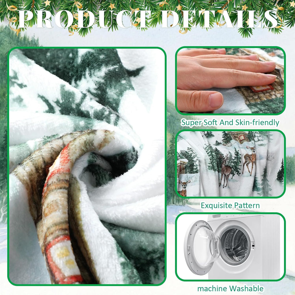 Christmas Tree Elk Flannel Throw Blanket 60"x50", Winter Throw