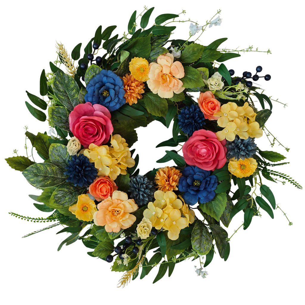 Summer Wreaths for Front Door, 22 Inch Summer Wreath with Roses & Hydrangeas, Outdoor Floral Wreath for Summer Door
