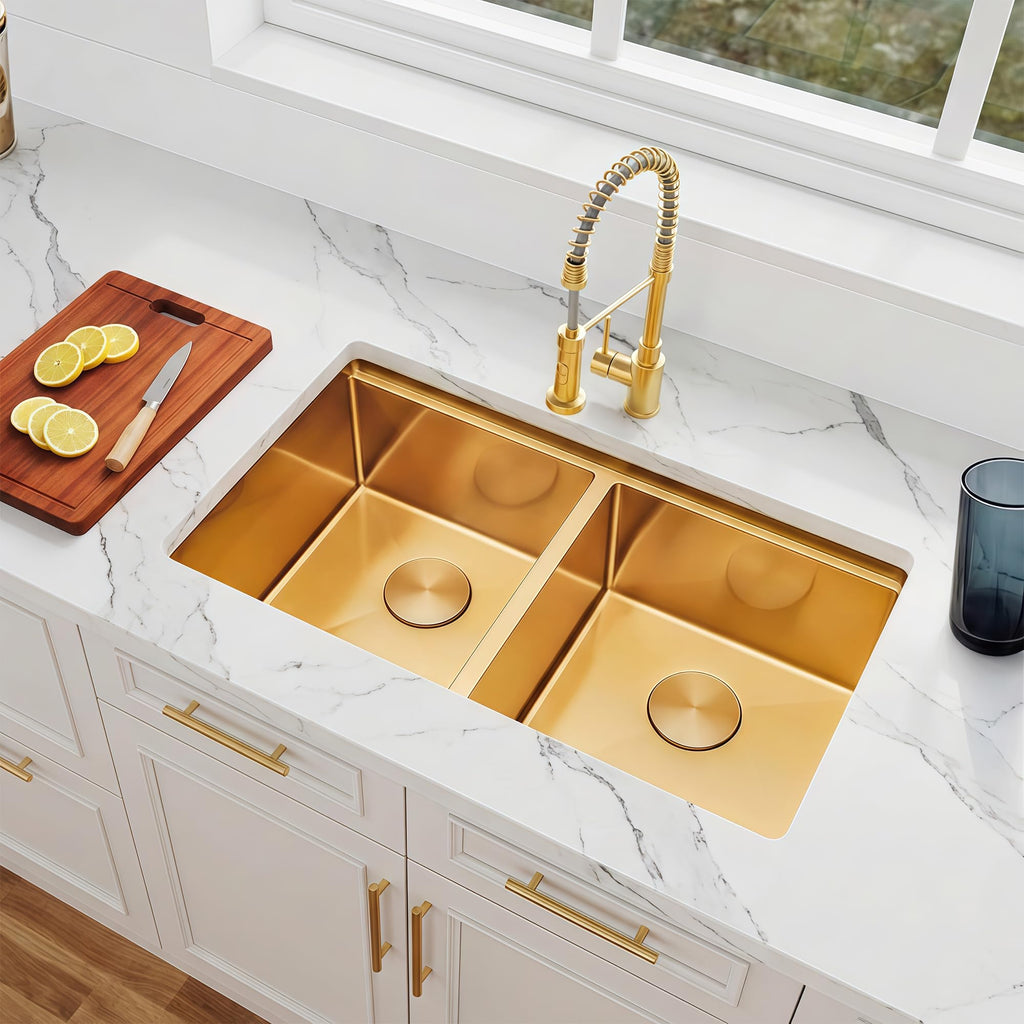 30 Inch 16 Gauge Undermount 50/50 Double Bowl Gold Kitchen Sink