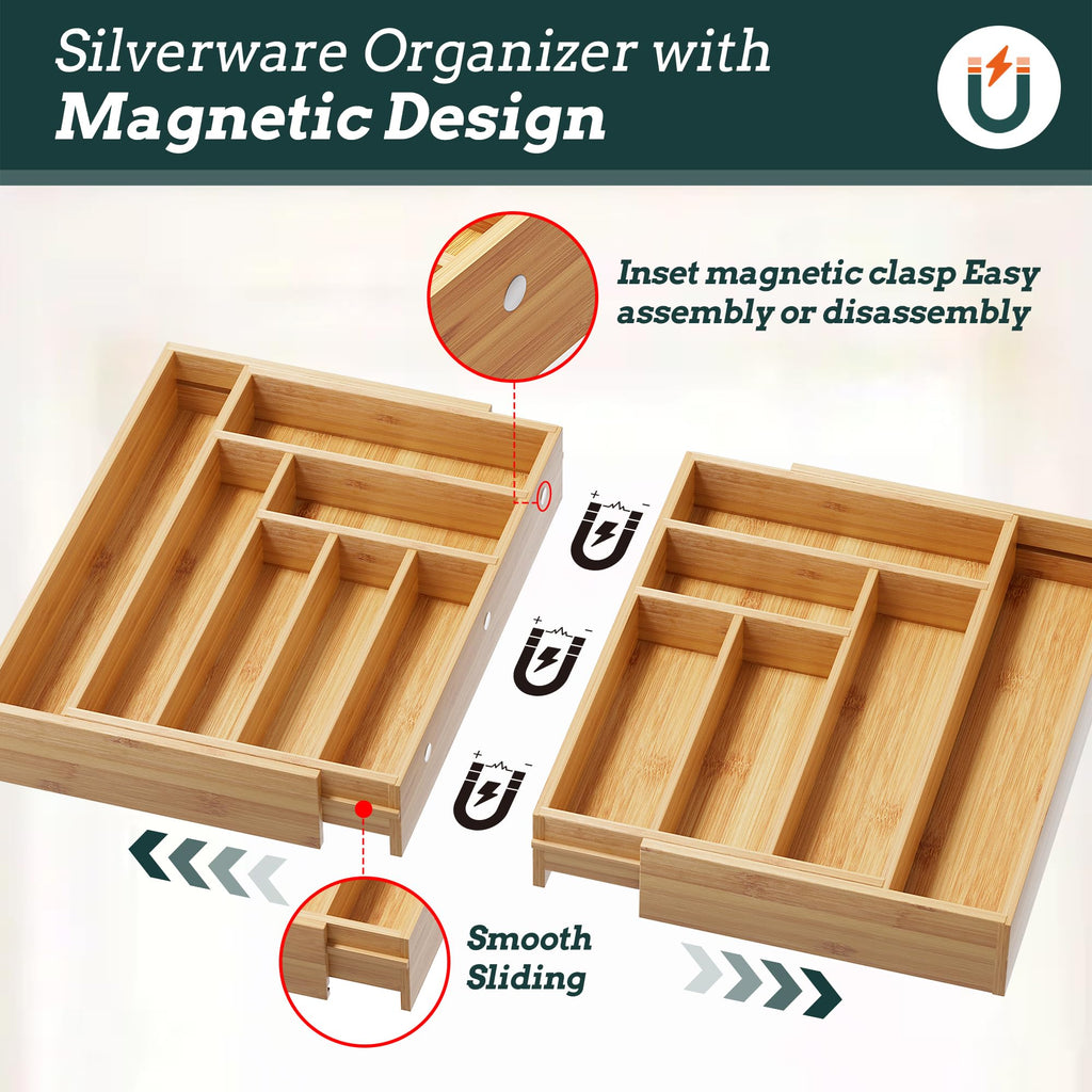 Silverware Organizer Large, Magnetic Connected Expandable 13 Slots Silverware Drawer Organizer From 21 to 37.4