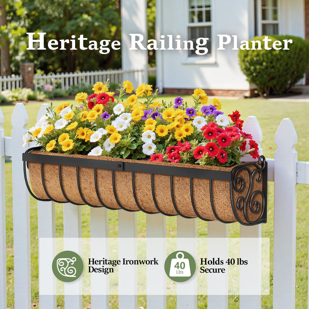 Railing Planter Boxes, 30 Inch Window Boxes Planters, Balcony Planters with Adjustable Brackets & Coco Liner for